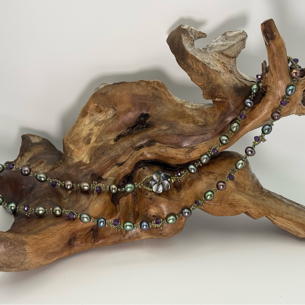 Iridescent Peacock Freshwater Pearl Necklace, Mother of Pearl,  Flower Accent